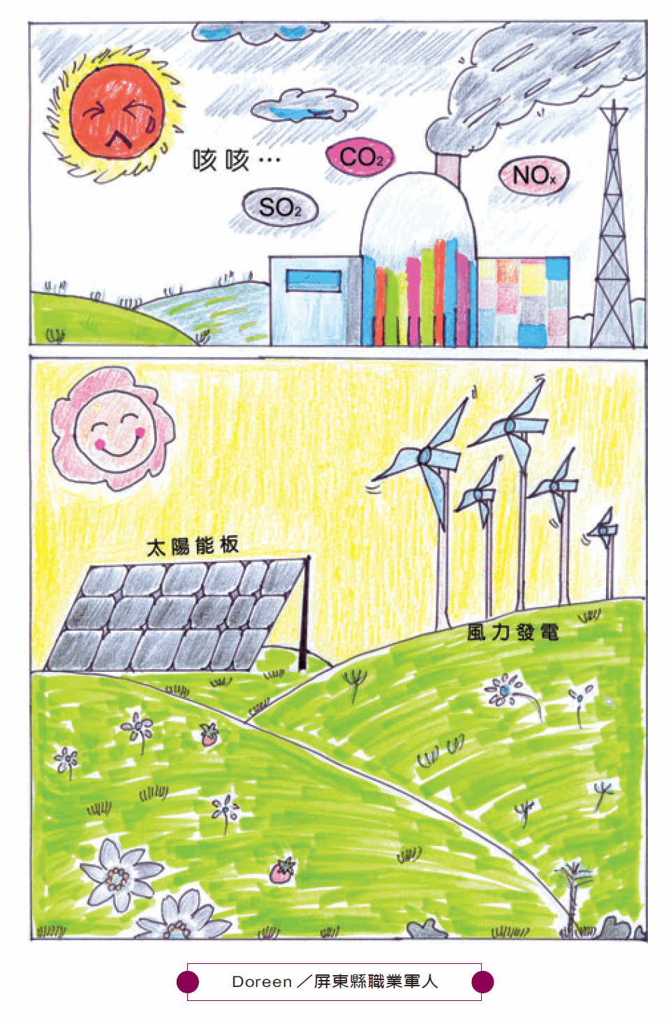 太陽能板與風力發電漫畫