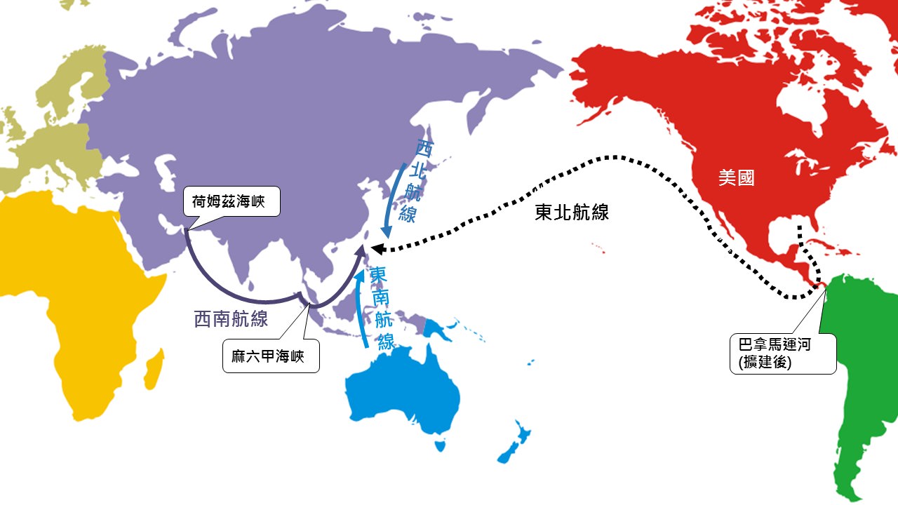 台灣進口LNG之運輸船航線圖