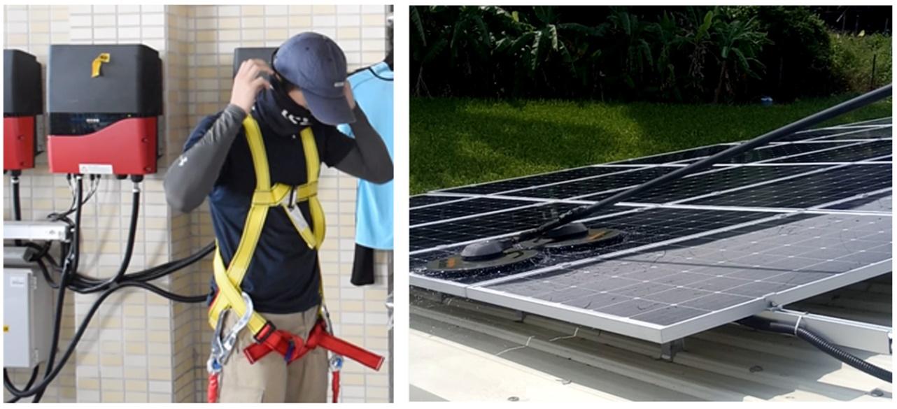 上工前穿戴好安全防護裝備（左）；以專業清洗機器清洗太陽能板（右）